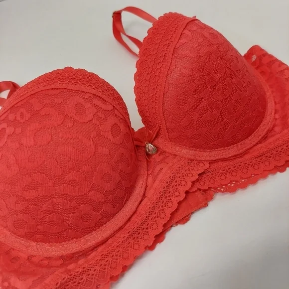 Bra Size 36C Underwire Molded Cup Red Demi Cup Lace Leopard Print Rhinestone - Picture 2 of 10
